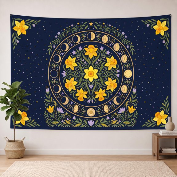 XaaKee Room Tapestry, Daffodil Phase Design Lunar Cycle, High-Quality Polyester Tapestry Wall Hanging, 60x40Inch