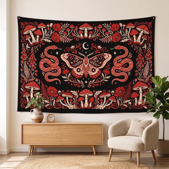XaaKee Room Tapestry, Dark Botanical Moth Print, High-Quality Polyester Large Tapestry, 60x40Inch