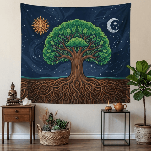 XaaKee Room Tapestry, Esoteric Canopy Harmony Flat Vector-Style Decorative Print Large Tapestry, High-Quality Polyester Celestial Tree Of Life Tapestry For Bedroom, 60x40Inch