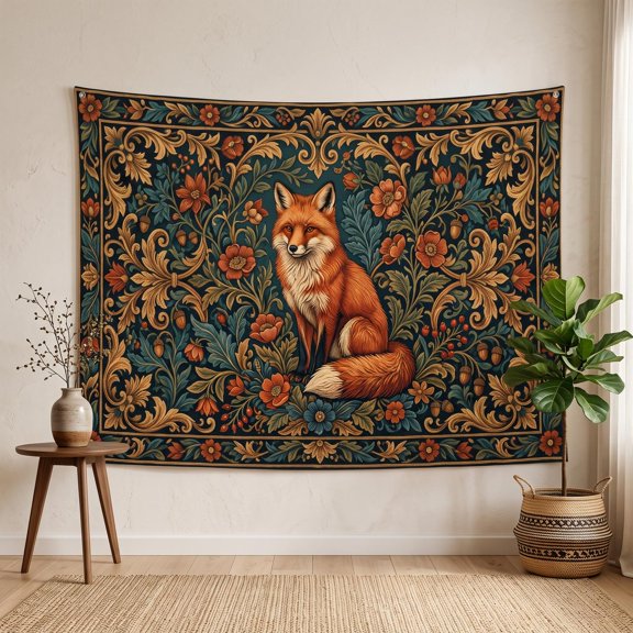 XaaKee Room Tapestry, Gilded Botanical Fox, High-Quality Polyester Tapestry Wall Hanging, 60x40Inch
