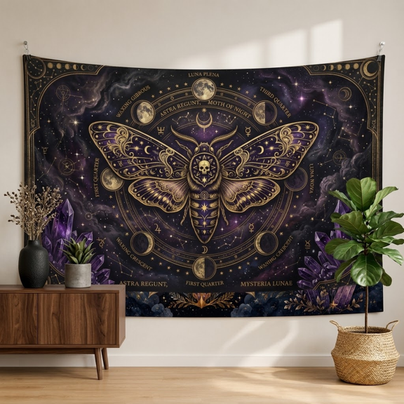 XaaKee Room Tapestry, Nocturnal Alchemy Moth Print With Amethyst, High-Quality Polyester, Tapestry Wall Hanging, 60x40Inch