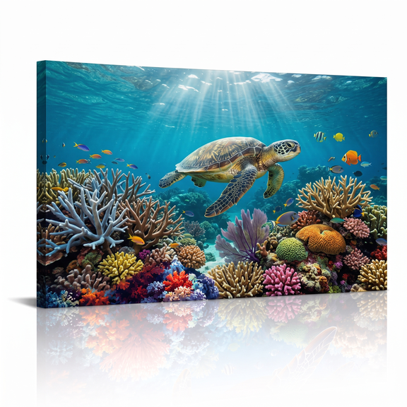 XaaKee Sea Turtle Staghorn Coral Art Prints Branching Formations Canvas Wall Art Prints Inner Framed 18*12Inch
