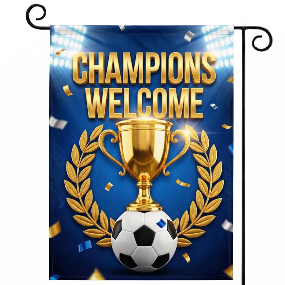 XaaKee, Small Garden Flags, Golden Sport Title Merit Prize Award Trophy Theme, Double-sided High-quality White Linen, Soccer Ball Yard Flag For Outside, 12x18Inch