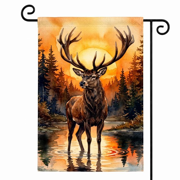 XaaKee Small Garden Flags Majestic Buck, Proud Stag, Noble Deer Garden Flag, Double-sided High-Quality White Linen Yard Flags For Outside, Sunset Pine Patio Banner, 12x18Inch