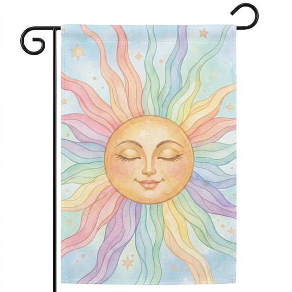 XaaKee Small Garden Flags, Serene Sun Face Pastel Rainbow Garden Flags, Double-Sided High-Quality White Linen Yard Flag, For Pathway And Yard, 12x18Inch