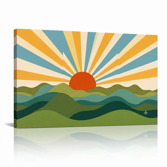 XaaKee Solstice Horizon Art Prints Sunburst Wavy Landforms Mid-Century Canvas Wall Art Prints Inner Framed 18*12Inch