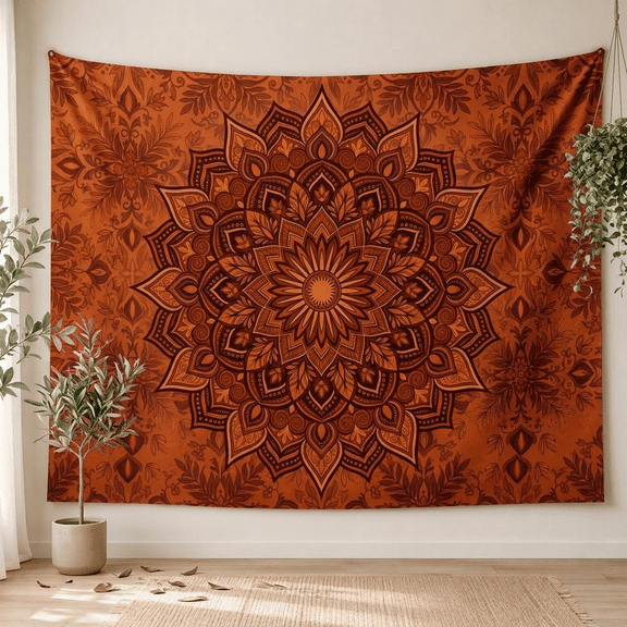 XaaKee, Spiced Orange Mandala Tapestry Wall Hanging, Floral Decorative Print Pattern, 60x40Inch