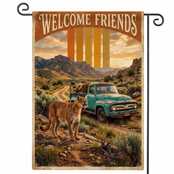 XaaKee Spring Garden Flag, Safari Classic Car Cougar Vintage Welcome Sign Yard Flags, Double-Sided High-Quality White Linen Small Garden Flags, Driveway Decor, 12x18Inch