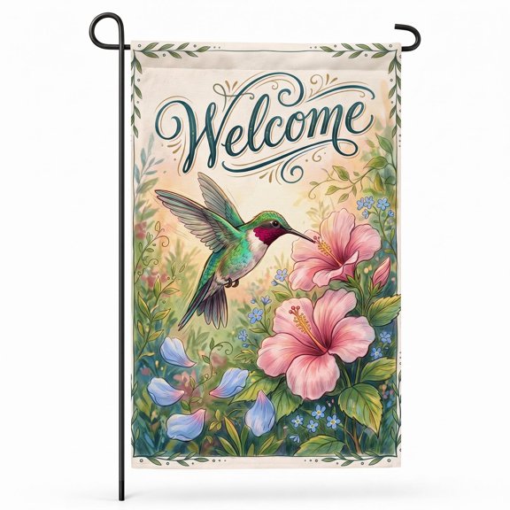 XaaKee Spring Garden Flag Tropical Bliss Hummingbird Garden Flag Double-sided High-Quality White Linen Yard Flags Outside Courtyard Decor 12x18Inch
