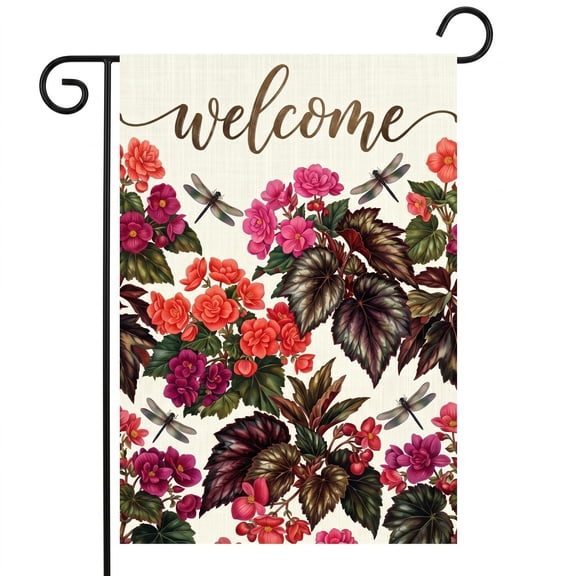 XaaKee Summer Garden Flag, Botanical Art Welcome Sign Begonias Garden Flags, Double-Sided High-Quality White Linen Garden Flags For Outside Clearance, Pathway Exterior Style, 12x18Inch