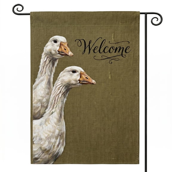 XaaKee Summer Garden Flag, Typography Integrated Pattern White Geese Yard Flag, Double-Sided High-Quality White Linen Small Garden Flags, Springtime Lawn Decor, 12x18Inch