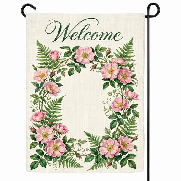 XaaKee Summer Garden Flag, Wild Roses Welcome Sign Yard Flag, Double-Sided High-Quality White Linen Garden Flags, Driveway And Lawn Decor, 12x18Inch