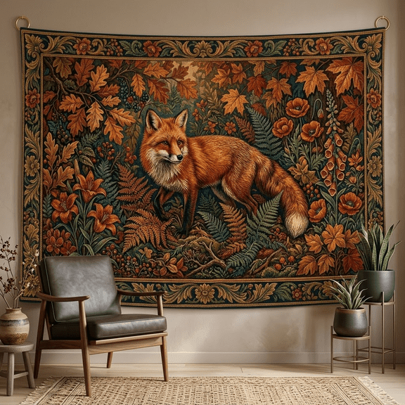 XaaKee Tapestry, Amber Floral Fox Guard, Moody Shading Botanical Garden, High-Quality Polyester Tapestry For Bedroom, 60x40Inch