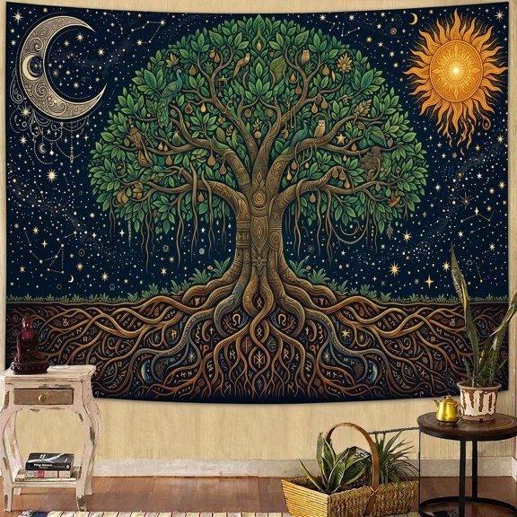 XaaKee Tapestry For Bedroom, Ethereal Root Alignment Celestial Tree Of Life Artwork Room Tapestry, High-Quality Polyester Flat Vector-Style Decorative Print Tapestry, 60x40Inch