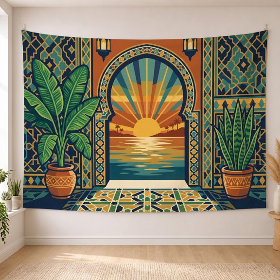 XaaKee Tapestry For Bedroom, Retro Keyhole Arch Banana Leaf Geometric Rays, High-Quality Polyester Large Tapestry, 60x40Inch