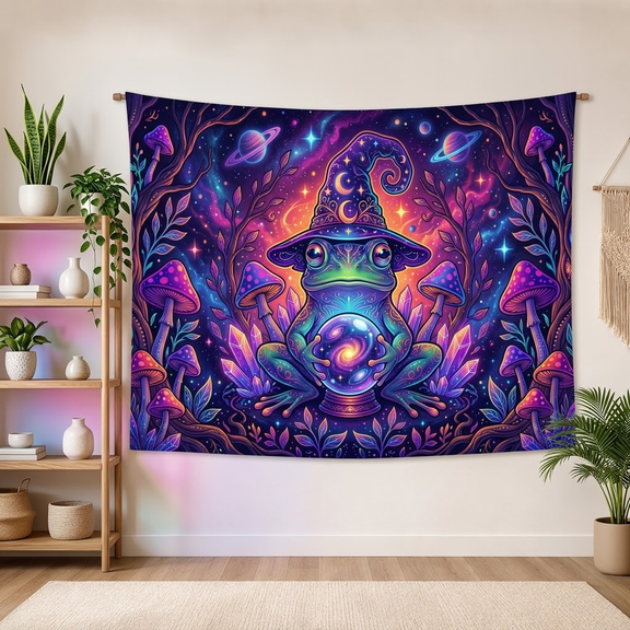 XaaKee Tapestry, Trippy Crystal Toad Mystical Frog Toad Wizard Cosmic Amphibian High-Quality Polyester Tapestry, 60x40Inch