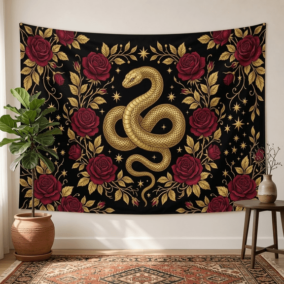 XaaKee Tapestry Wall Hanging, Celestial Serpent Harmony With Crimson Roses And Stars, High-Quality Polyester Large Tapestry, 60x40Inch