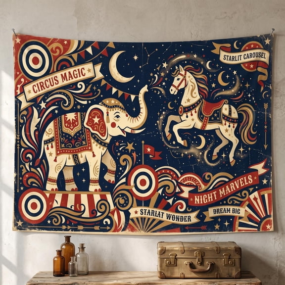 XaaKee Tapestry Wall Hanging, Circus Elephant And Carousel Horse Decorative Artwork, High-Quality Polyester Bedroom Tapestry, 60x40Inch