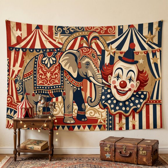 XaaKee Tapestry Wall Hanging, Circus Elephant And Vintage Clown Decorative Artwork, High-Quality Polyester Bedroom Tapestry, 60x40Inch
