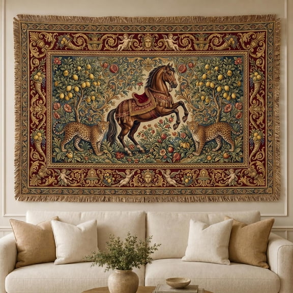 XaaKee Tapestry Wall Hanging, Classical Baroque Artistry And Rearing Saddled Horse, High-Quality Polyester Large Tapestry 60x40Inch