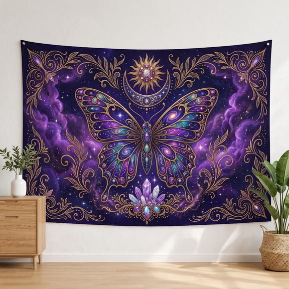 XaaKee Tapestry Wall Hanging, Cosmic Butterfly Astrology And Quartz Crystals, High-Quality Polyester, Large Tapestry, 60x40Inch
