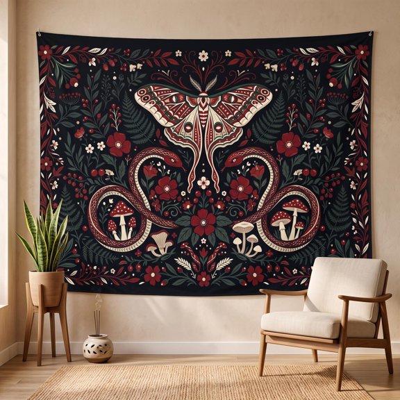 XaaKee Tapestry Wall Hanging, Dark Botanical Serpent Moth, High-Quality Polyester Large Tapestry, 60x40Inch