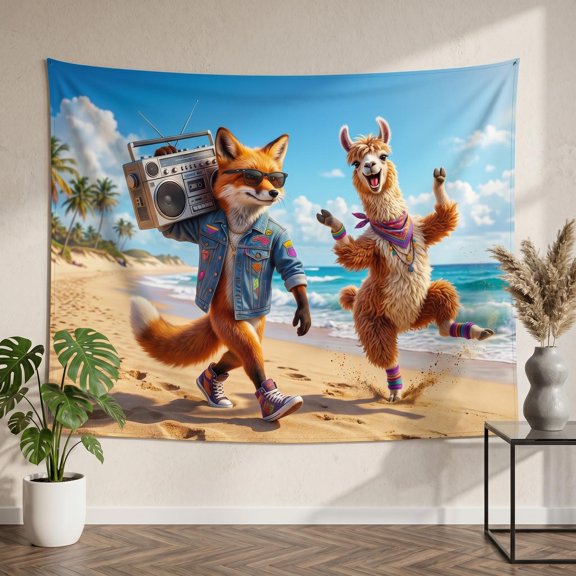 XaaKee, Tapestry Wall Hanging, Fox Boombox Jam Element, High-Quality Polyester Room Tapestry, 60x40Inch