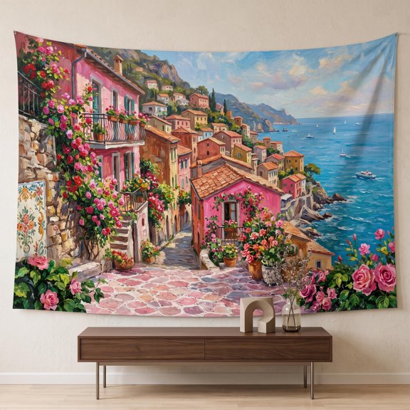 XaaKee Tapestry Wall Hanging, Italian Village Sea View Mural With Climbing Roses, High-Quality Polyester Large Tapestry, 60x40Inch