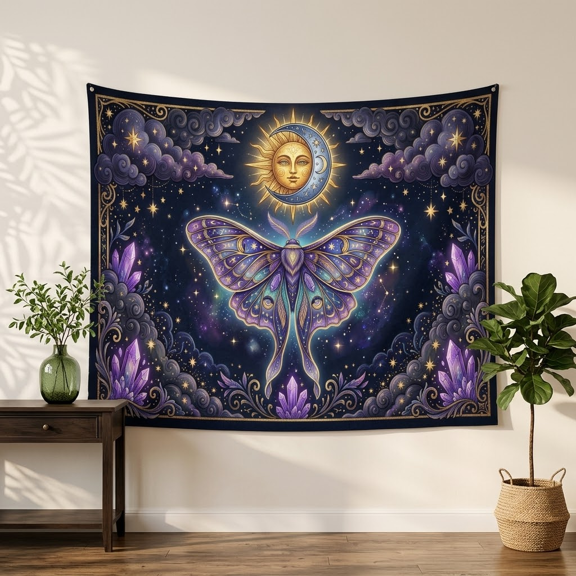 XaaKee Tapestry Wall Hanging, Magical Cosmic Moth Illustration, High-Quality Polyester Large Wall Tapestry, 60x40Inch