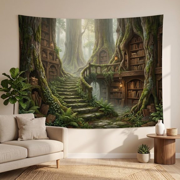 XaaKee Tapestry Wall Hanging, Mossy Stone Library Forest, High-Quality Polyester Bedroom Tapestry, 60x40Inch