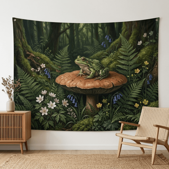 XaaKee Tapestry Wall Hanging, Mystical Fern Thicket Cottagecore Frog and Giant Mushroom, High-Quality Polyester Wall Tapestry, 60x40Inch