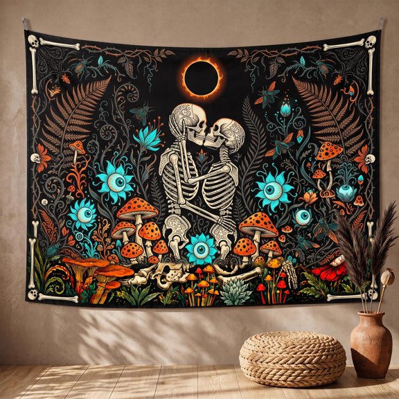 XaaKee Tapestry Wall Hanging, Orange Spores Skeleton Love, Large Wall Tapestry, High-Quality Polyester, 60x40Inch