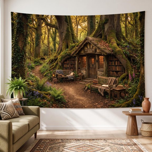 XaaKee Tapestry Wall Hanging, Rustic Dirt Trail Library Treehouse Study, High-Quality Polyester Room Tapestry, 60x40Inch