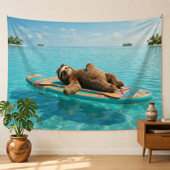 XaaKee Tapestry Wall Hanging, Sloth Paddleboard Theme, High-Quality Polyester Large Tapestry, 60x40Inch