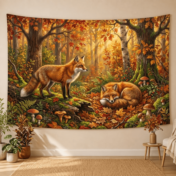 XaaKee Tapestry Wall Hanging, Sun-dappled Fox Pair Woodland Wildlife Autumn Flora, High-Quality Polyester Tapestry For Bedroom, 60x40Inch