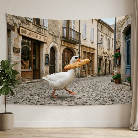 XaaKee Tapestry Wall Hanging, The Crusty Dash Humorous Animal Goose Baguette, High-Quality Polyester Room Tapestry, 60x40Inch