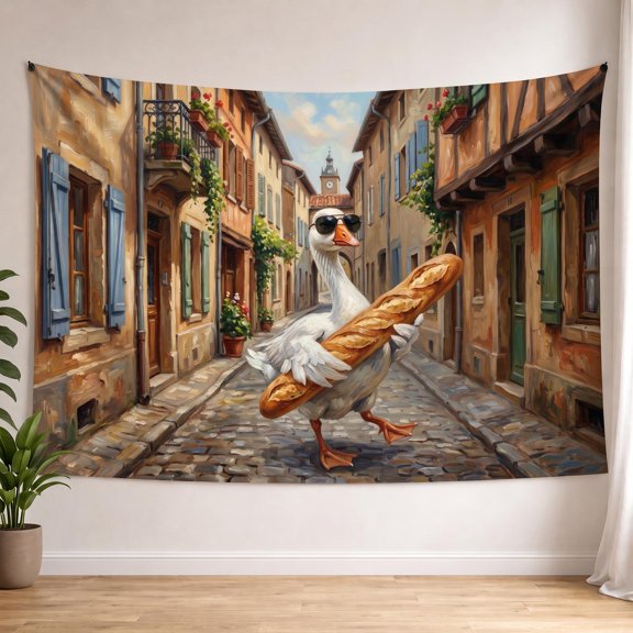 XaaKee Tapestry Wall Hanging, The Daily Baguette Run Humorous Animal Goose French Bread, High-Quality Polyester Wall Tapestry, 60x40Inch