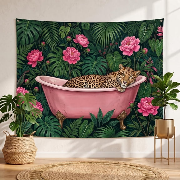 XaaKee Tapestry Wall Hanging, Tropical Botanical Exotic Wildlife Leopard Vintage Tub, High-Quality Polyester Bedroom Tapestry, 60x40Inch