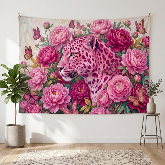 XaaKee Tapestry Wall Hanging, Vibrant Pink Rosette Garden, Pink Snow Leopard Botanical Artwork, High-Quality Polyester Large Wall Tapestry, 60x40Inch