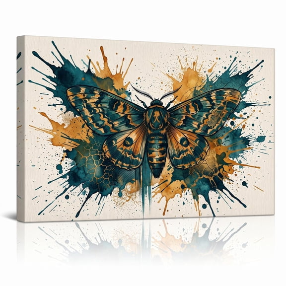 XaaKee Teal and Amber Moth Art Prints Canvas Wall Art Prints Modern Abstract Insect Textured Canvas Prints Wall Art Inner Framed 18*12Inch