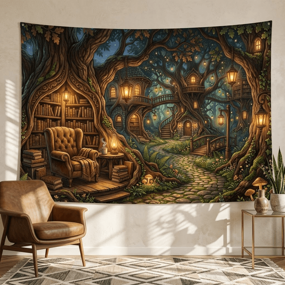 XaaKee Wall Tapestry, Lantern Cobblestone Library Fantasy Bookshop, High-Quality Polyester Tapestry For Bedroom, 60x40Inch