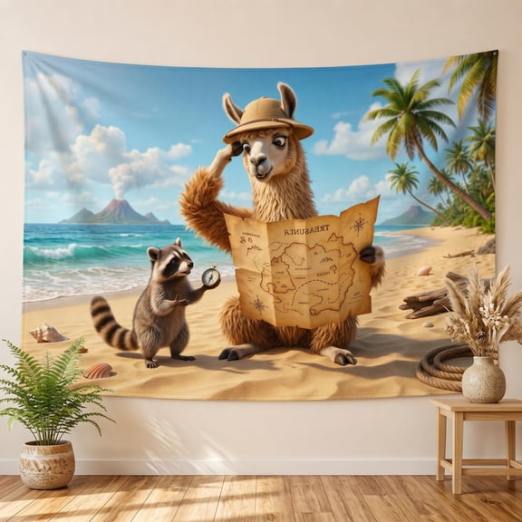 XaaKee Wall Tapestry, Llama Treasure Map Theme, High-Quality Polyester Bedroom Tapestry, 60x40Inch