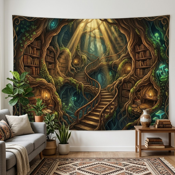 XaaKee Wall Tapestry, Mystic Root Library Golden Sunlight, High-Quality Polyester Large Wall Tapestry, 60x40Inch