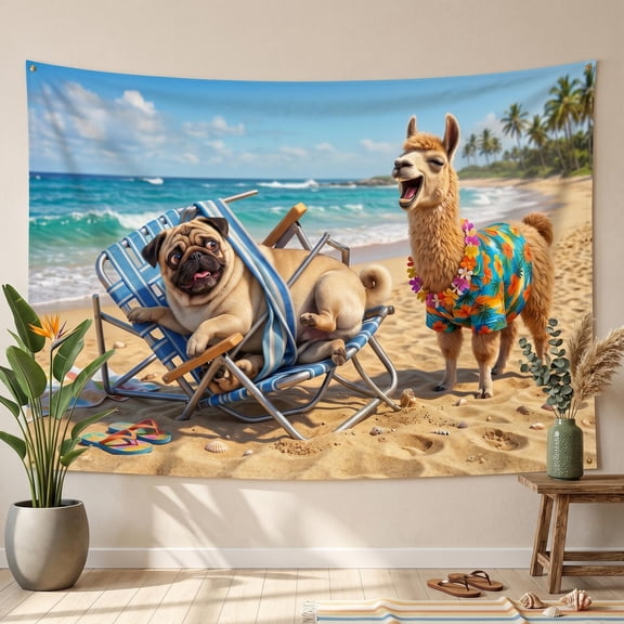 XaaKee Wall Tapestry, Pug Stuck In Beach Chair Llama, High-Quality Polyester Large Tapestry, 60x40Inch