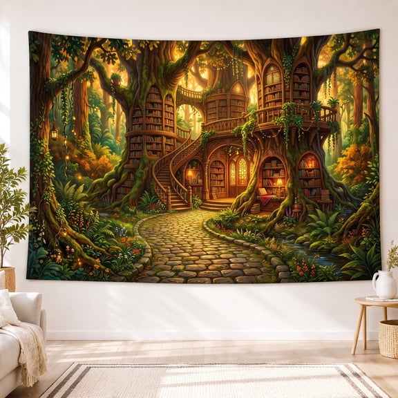 XaaKee Wall Tapestry, Sunlit Cobblestone Library With Vines, High-Quality Polyester Large Tapestry, 60x40Inch