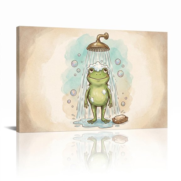 XaaKee Watercolor Shower Frog With Vignette Background Painting Canvas Wall Art Prints Inner Framed 18*12Inch