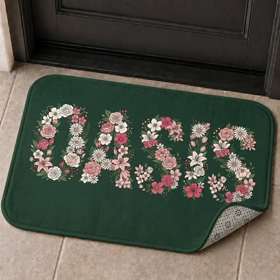 XaaKee Welcome Mat, Oasis Floral Word Door Mat, Non-Slip Rubber Backing Outdoor Doormat For Entryway And Porch, 20x31inch