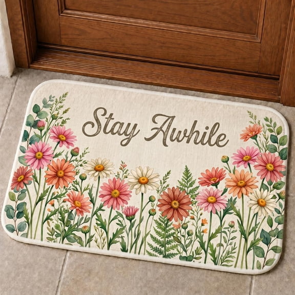 XaaKee Welcome Mat, Stay Awhile Colorful Daisies Floral Welcome Mat, Non-Slip Rubber Backing Outdoor Mat for Front Door, 20x31inch