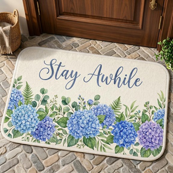 XaaKee Welcome Mat, Stay Awhile Hydrangea Floral Doormat, Non-Slip Rubber Backing Outdoor Door Mat, Indoor Outdoor Entrance Living Room Floor Mat, 20x31inch