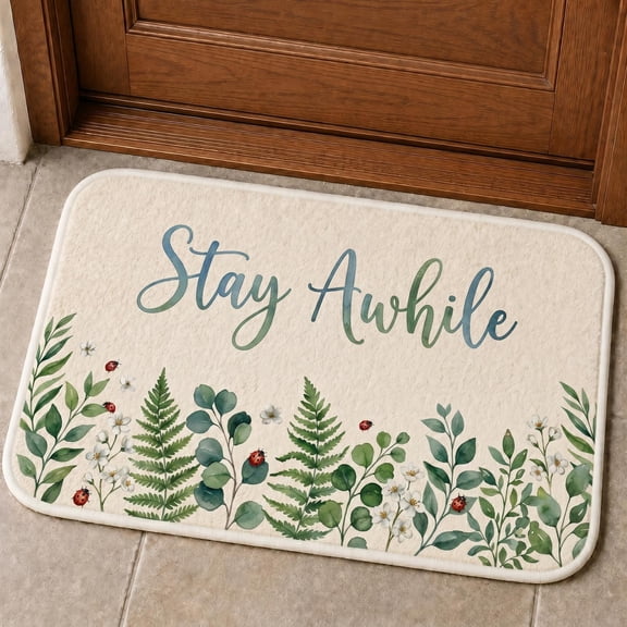 XaaKee Welcome Mat, Stay Awhile Ladybugs Floral Print Design Welcome Mat, Non-Slip Rubber Backing Outdoor Mat Entrance Rug, Front Door Mat Outdoor Doormat, 20x31inch